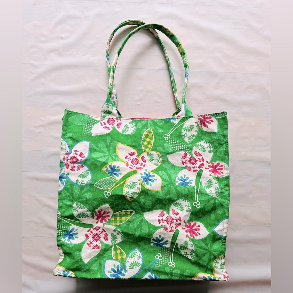Buckhead Betties canvas Tote Beach Bag Floral Green pink ties cotton